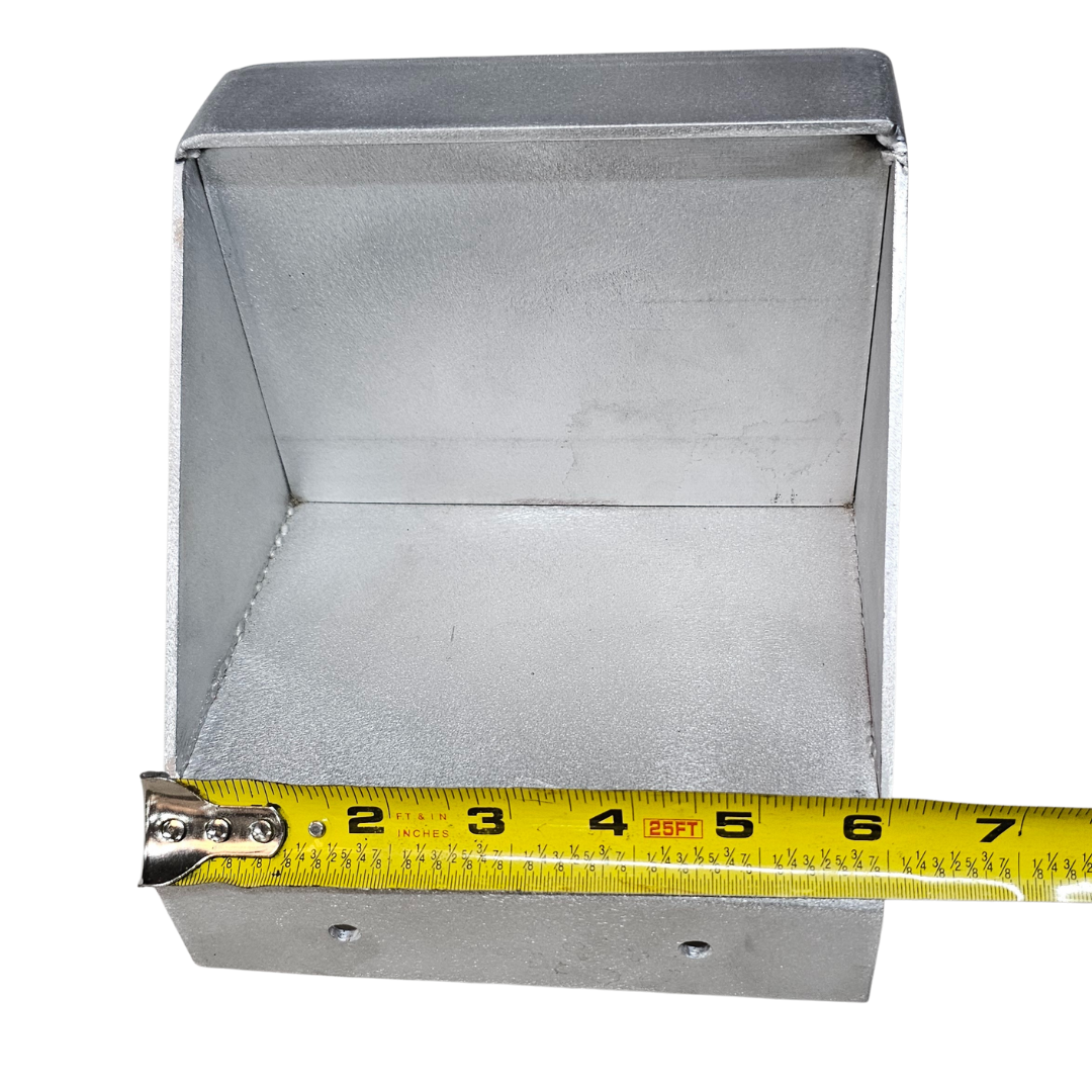 Raw aluminum clamp-on trolling motor mount for flat nose Jon boats, shown with a measuring tape.