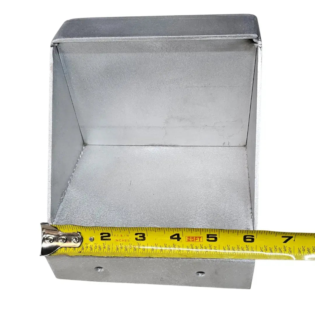 Raw aluminum clamp-on trolling motor mount for flat nose Jon boats, shown with a measuring tape.