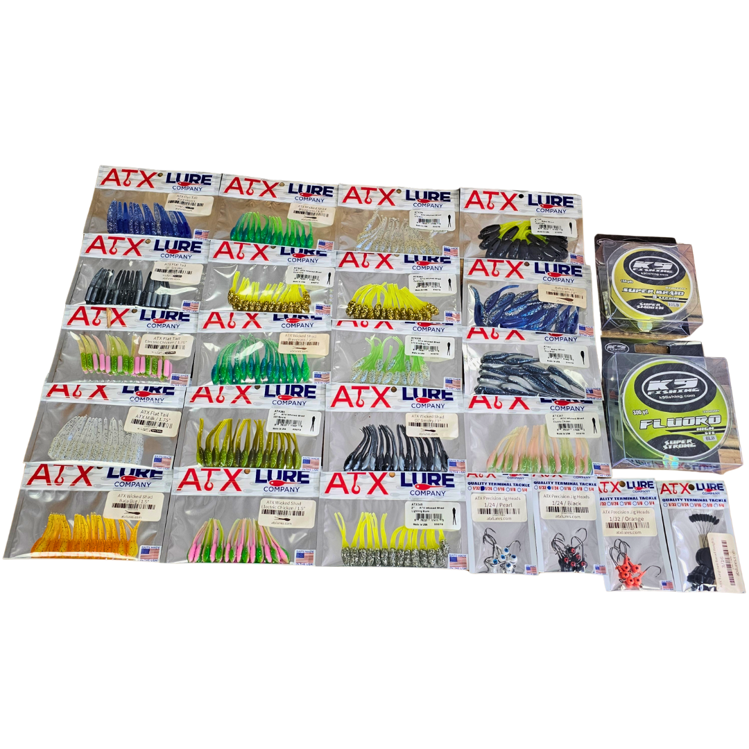 Assortment of ATX Lures soft plastic baits in various colors, jig heads, tungsten weights, and K9 Crappie Line.