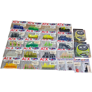 Assortment of ATX Lures soft plastic baits in various colors, jig heads, tungsten weights, and K9 Crappie Line.