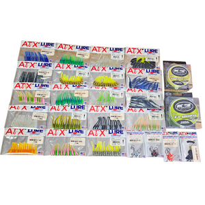 Assorted ATX Lures soft plastic baits, jig heads, tungsten weights, and K9 Crappie Line for fishing.