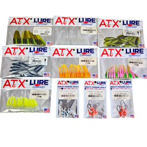 Assorted ATX Lure soft plastic crappie baits and jig heads in various colors and sizes.
