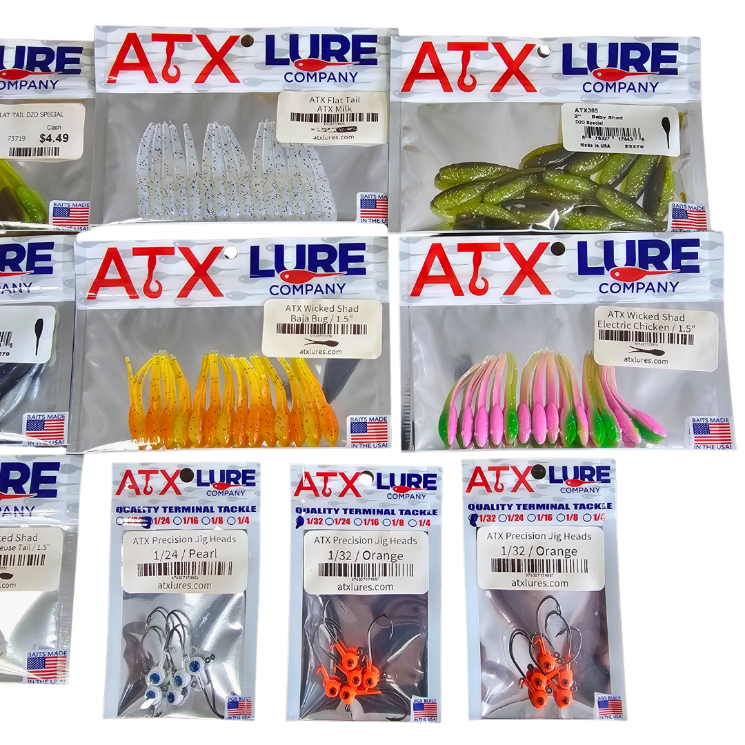 ATX Lure Company crappie fishing kit with soft plastic baits and jig heads in various colors.