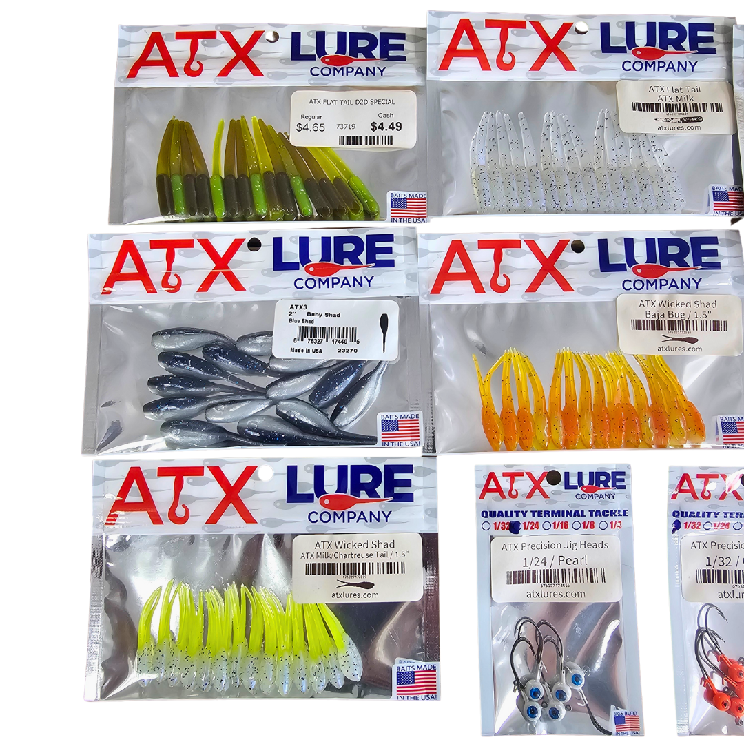 ATX Lure crappie fishing kit with various soft plastic baits (green, white, blue, orange, yellow) and jig heads.