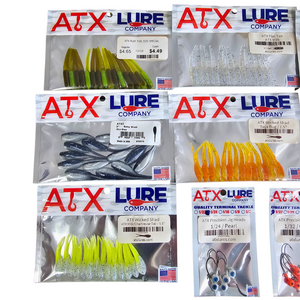 ATX Lure crappie fishing kit with various soft plastic baits (green, white, blue, orange, yellow) and jig heads.