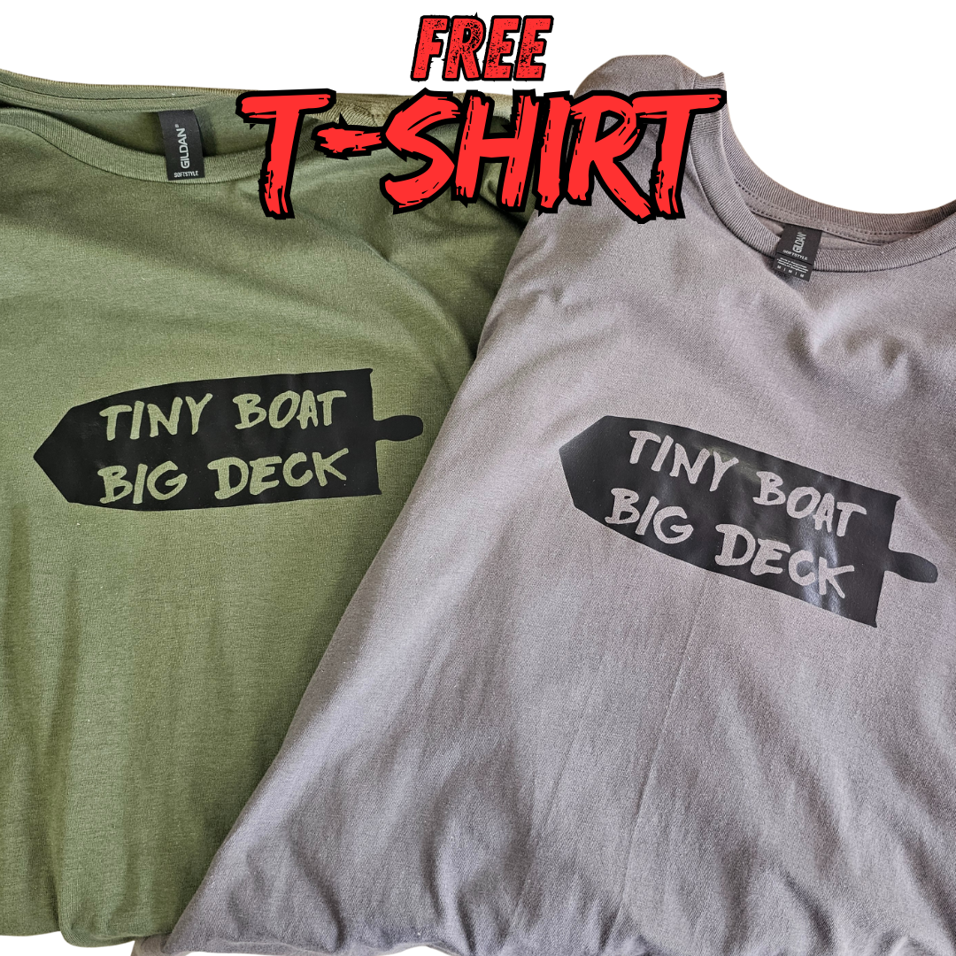 Two Gildan t-shirts, one olive green and one gray, both with "TINY BOAT BIG DECK" in black text.
