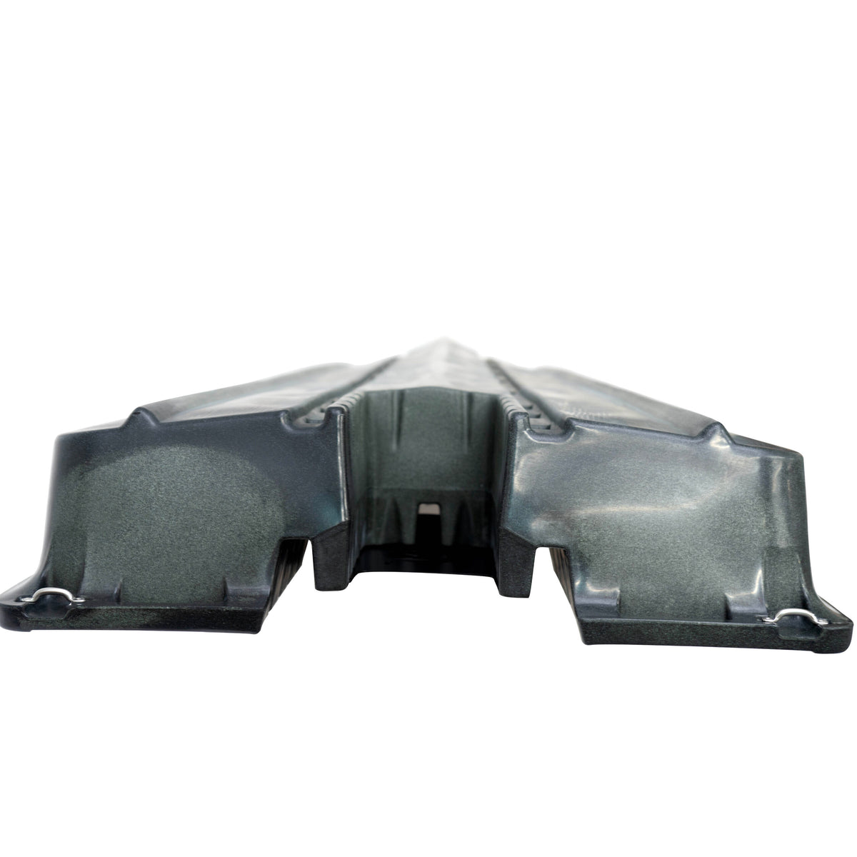 Underside of a dark olive Crescent Cres-Craft fishing skiff or kayak hull with dual molded-in skegs.