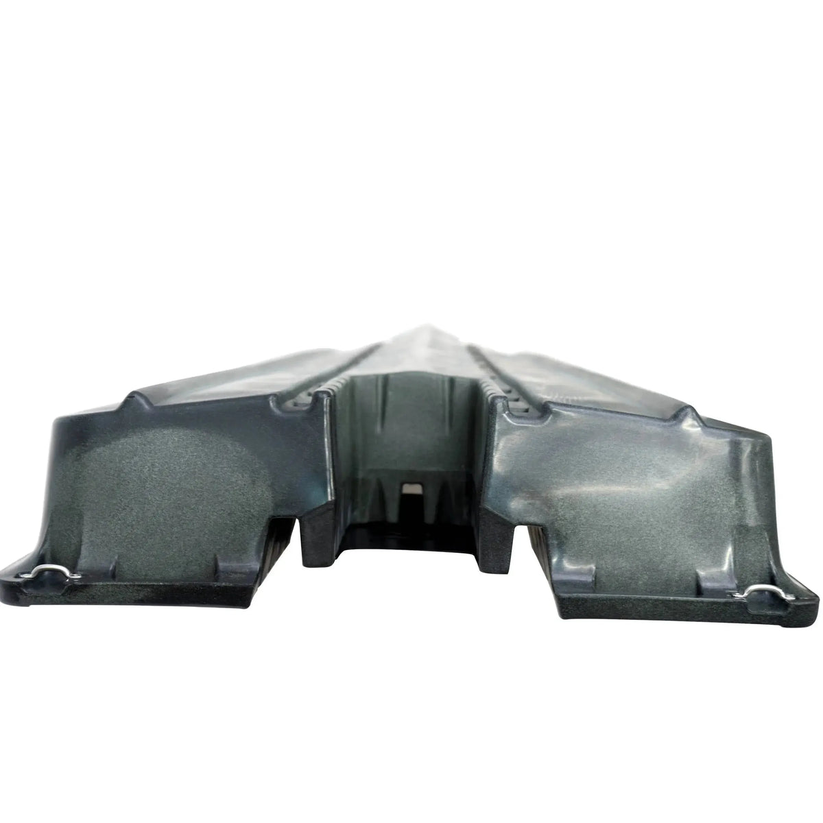 Underside of a dark olive Crescent Cres-Craft fishing skiff or kayak hull with dual molded-in skegs.