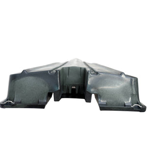 Underside of a dark olive Crescent Cres-Craft fishing skiff or kayak hull with dual molded-in skegs.