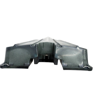 Underside of a dark olive Crescent Cres-Craft fishing skiff or kayak hull with dual molded-in skegs.