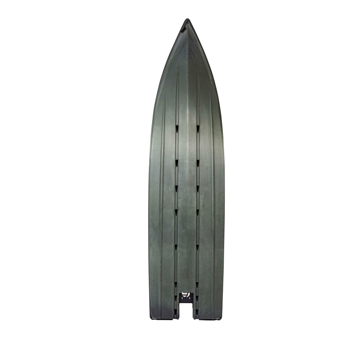 Olive green Crescent Cres-Craft fishing skiff or power kayak with a sharp V-shaped bow and planing hull.