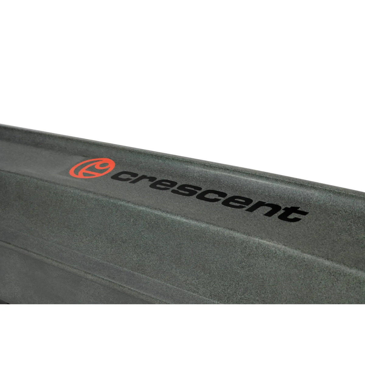 Close-up of a dark olive Crescent Cres-Craft fishing kayak with orange and black logo.