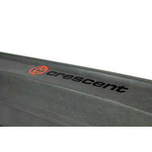 Close-up of a dark olive Crescent Cres-Craft fishing kayak with orange and black logo.