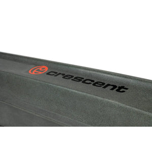 Close-up of a dark olive Crescent Cres-Craft fishing kayak with orange and black logo.