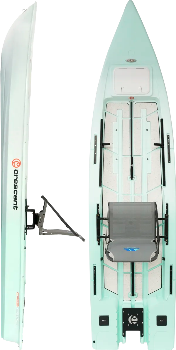 Seafoam Crescent Cres-Craft fishing skiff/kayak with a gray mesh seat and storage hatch.