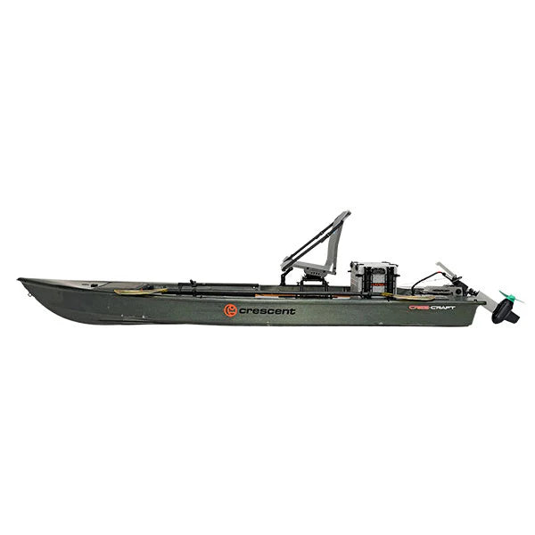 Olive Crescent Cres-Craft fishing skiff with motor, elevated seat, and storage.