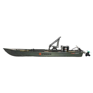 Olive Crescent Cres-Craft fishing skiff with motor, elevated seat, and storage.