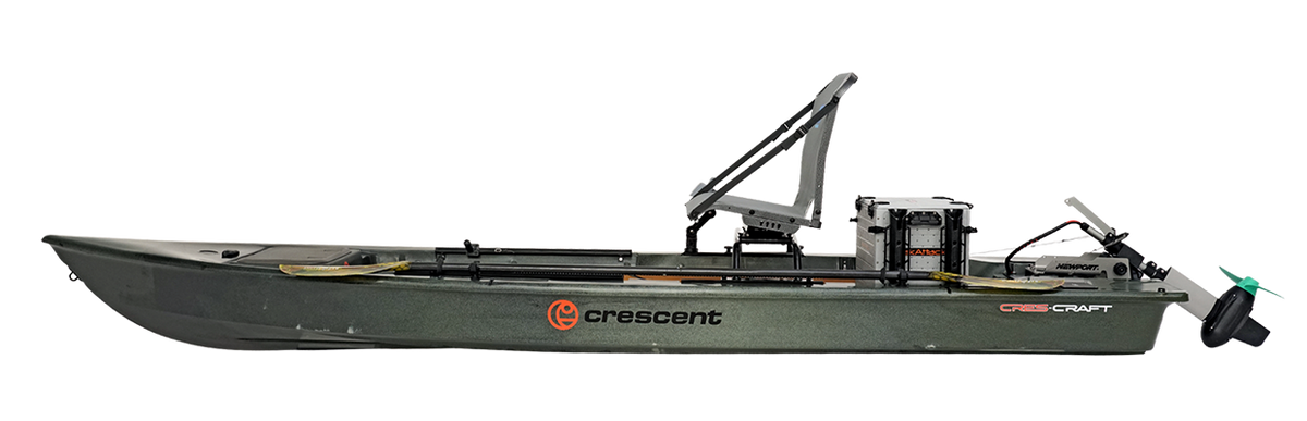 Olive Crescent Cres-Craft fishing skiff with a raised seat, motor, and paddles.