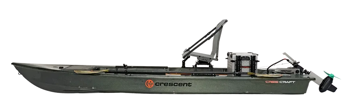 Olive Crescent Cres-Craft fishing skiff with a raised seat, motor, and paddles.