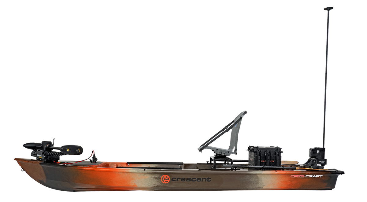 Crescent Cres-Craft fishing skiff in camouflage, with a motor, seat, and fishing pole holder.