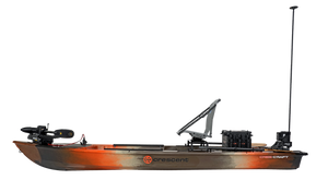 Crescent Cres-Craft fishing skiff in camouflage, with a motor, seat, and fishing pole holder.