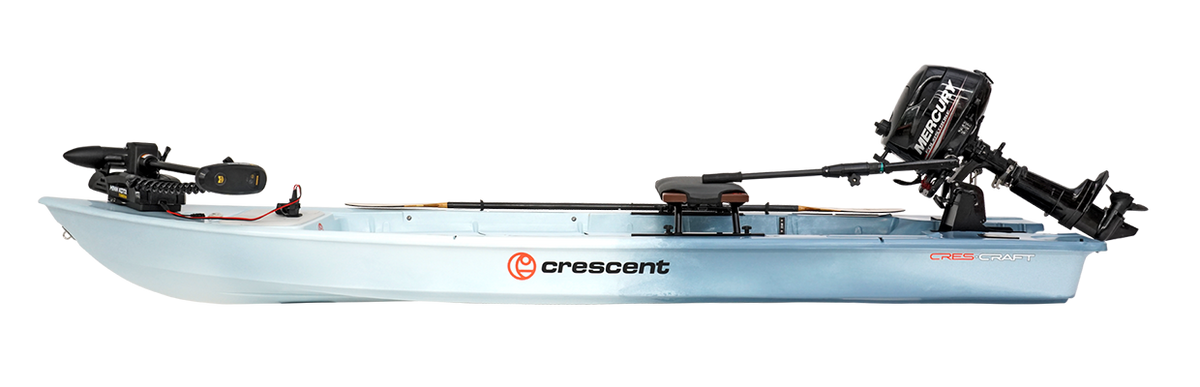 Sky Blue Crescent Cres-Craft fishing skiff with a Mercury outboard motor and a trolling motor.