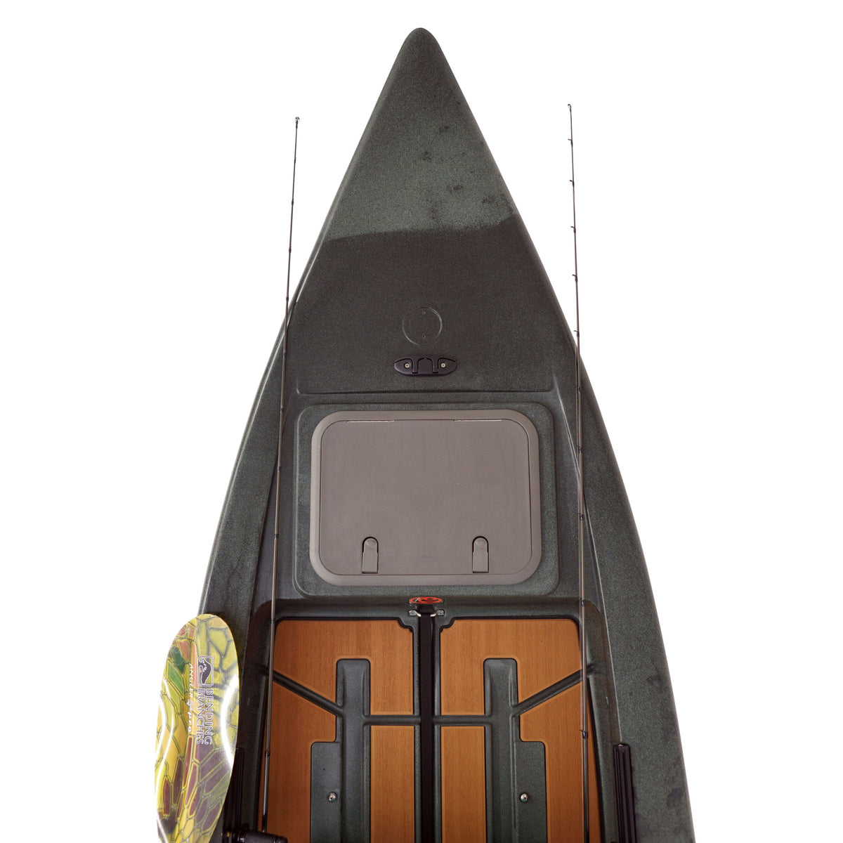 Olive green Crescent Cres-Craft fishing skiff with wood-grain deck, two fishing rods, and a paddle.