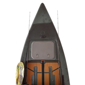 Olive green Crescent Cres-Craft fishing skiff with wood-grain deck, two fishing rods, and a paddle.