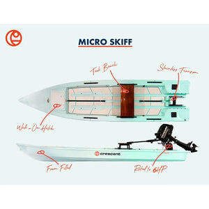 Top and side view of a seafoam Crescent Micro Skiff with a Mercury outboard motor and teak bench.