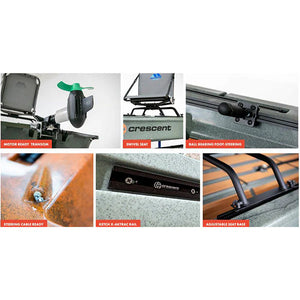 Close-up views of a Cres-Craft fishing skiff's motor-ready transom, swivel seat, foot-steering, and rail system.
