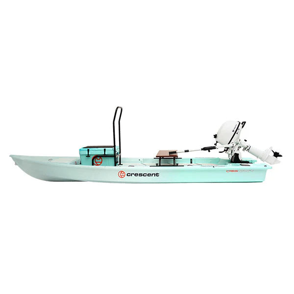 Seafoam Crescent Cres-Craft fishing skiff with a white outboard motor, cooler, and standing bar.