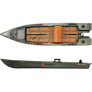 Olive green Crescent Cres-Craft fishing skiff with wood-grain deck and black accents, shown top-down and side profile.