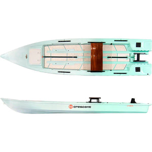 Top and side view of a seafoam Crescent Cres-Craft fishing skiff with a wooden seat and motor mount.