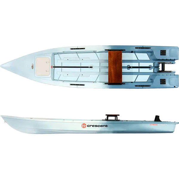 Top and side views of a light blue Crescent Cres-Craft fishing skiff/kayak with a wooden seat.