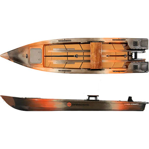 Top and side view of an orange and olive Crescent Cres-Craft fishing skiff with a wooden seat.