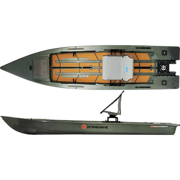 Olive green Crescent Cres-Craft fishing skiff/kayak with a tan deck, gray seat, and black accents.