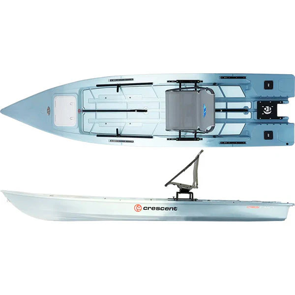 Crescent Cres-Craft fishing skiff in Sky Blue, top and side view, with a gray seat and sharp V-shaped bow.