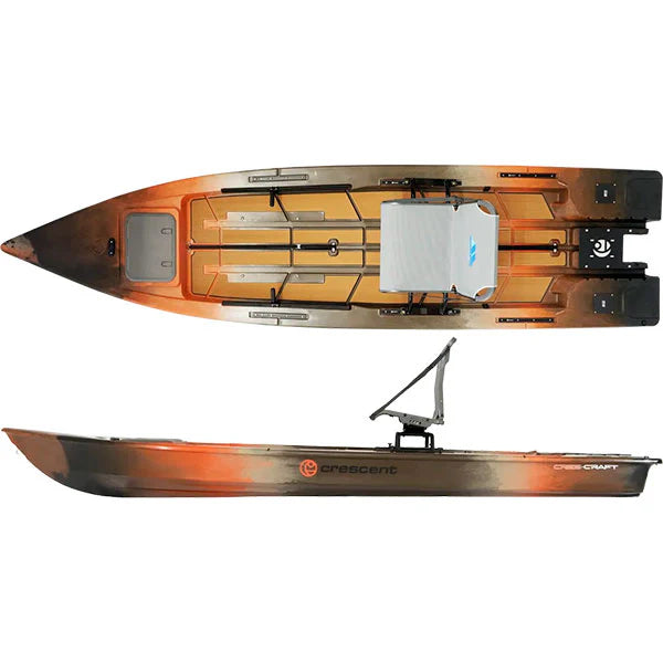 Top and side views of an orange and brown camouflage Crescent Cres-Craft fishing kayak with a gray seat.
