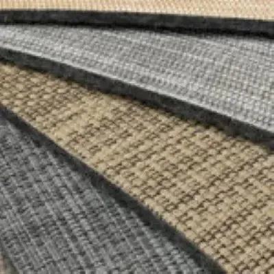 Swatches of DuraVinyl Marine Flooring in Bristol Series, showing woven vinyl textures in tan, gray, and black.