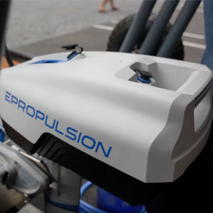 Close-up of an EPropulsion Spirit 1.0 Plus electric outboard motor featuring the word "epropulsion" prominently displayed. 