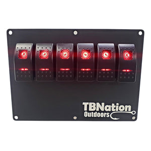 Black 6-position switch panel with red LED rocker switches and "TBNation Outdoors" logo