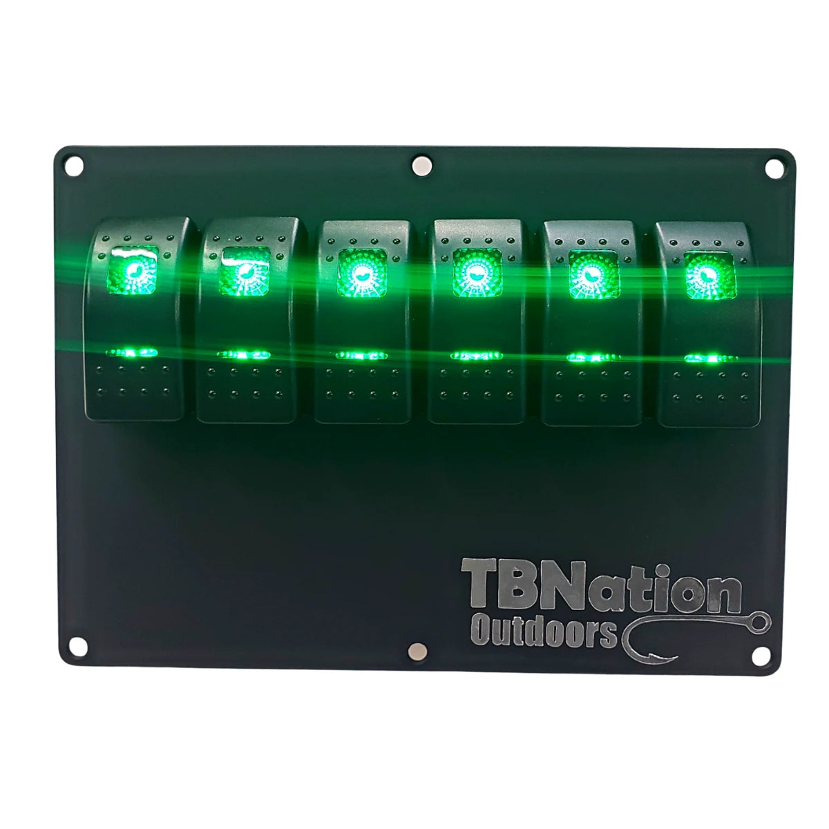 Black 6-position switch panel with illuminated green rocker switches and "TBNation Outdoors" logo.