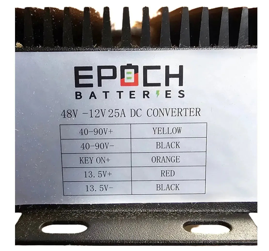 Epoch 48V to 12V 25A DC converter with black heatsink fins and wiring diagram.