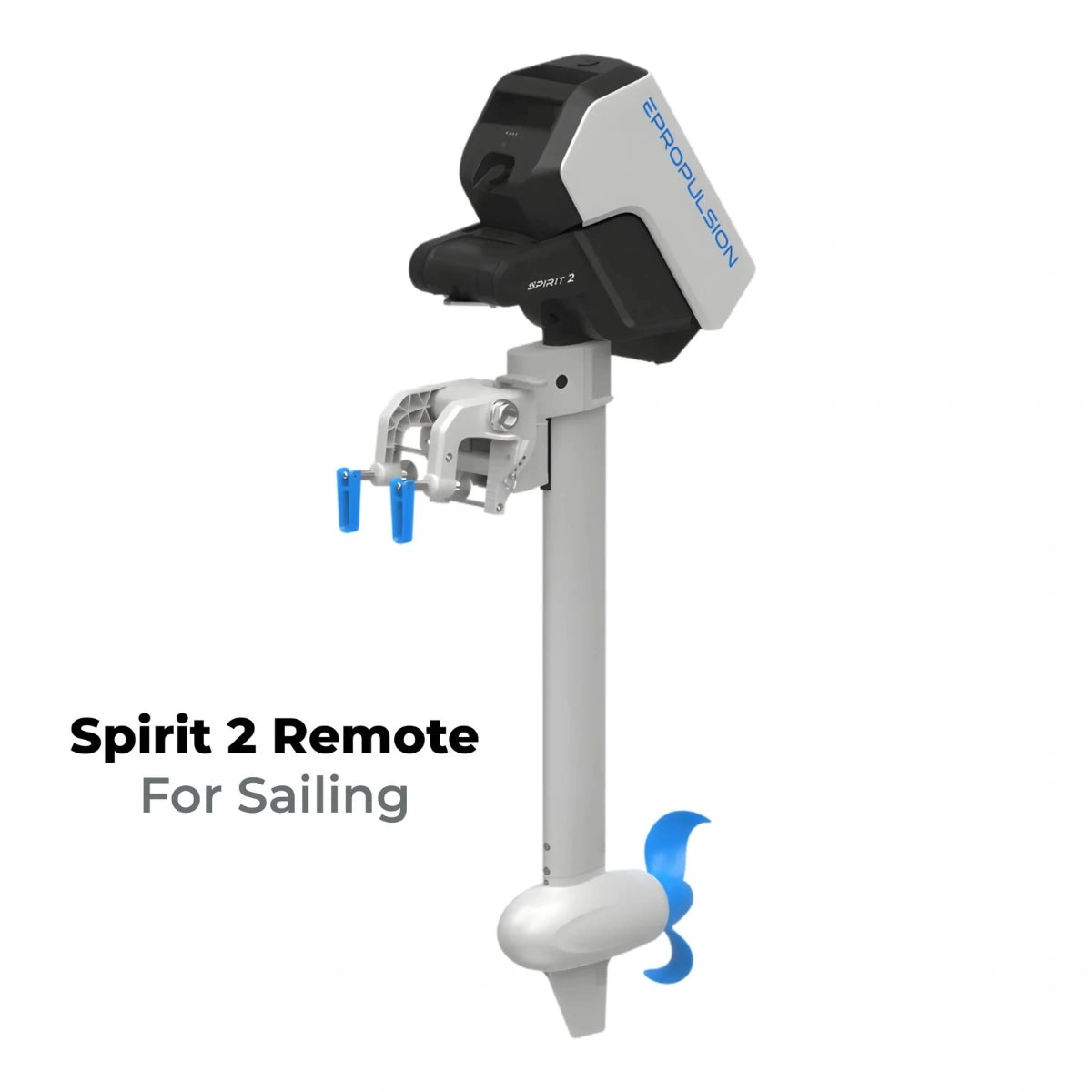 The ePropulsion Spirit 2 Remote for Sailing electric outboard motor featuring a sleek white battery and blue propeller design.