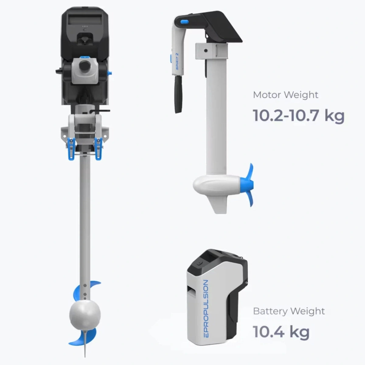 Weight specifications for ePropulsion Spirit 2 parts, showing a motor weight of 10.2-10.7 kg and a battery weight of 10.4 kg.