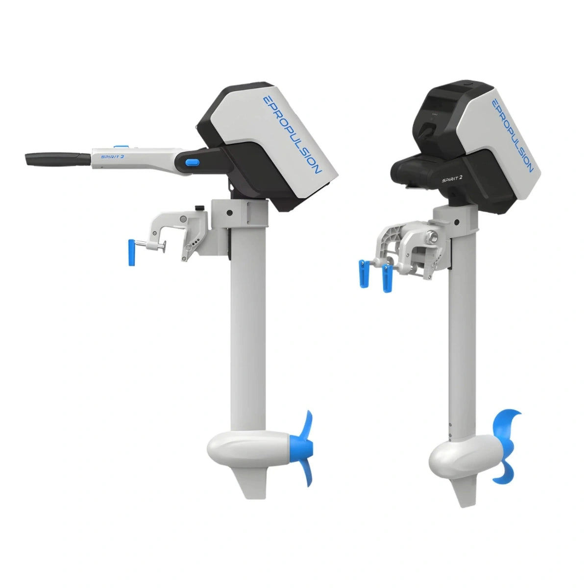 ePropulsion Spirit 2 electric outboard motor in white, showing the 5HP equivalent 2kW powerhead and propeller.