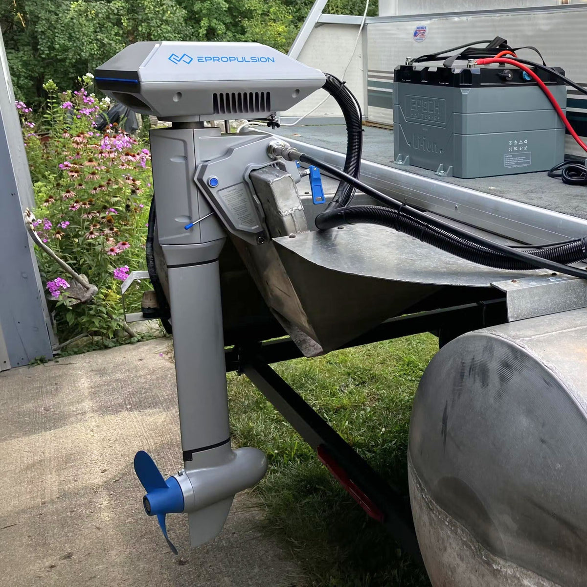 Epropulsion Navy Electric Outboard Mounted on Pontoon Boat