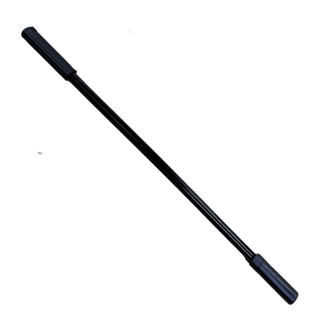 Black anodized aluminum flexible tiller handle extension with universal joint and hex wrench.