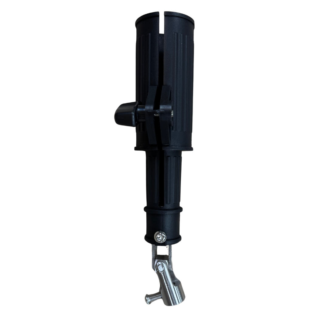 Black flexible tiller handle extension with a clamp, universal joint, and silver hardware.
