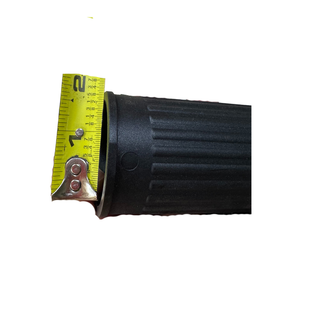 Black flexible tiller handle extension with a yellow measuring tape showing 1.5-inch diameter.